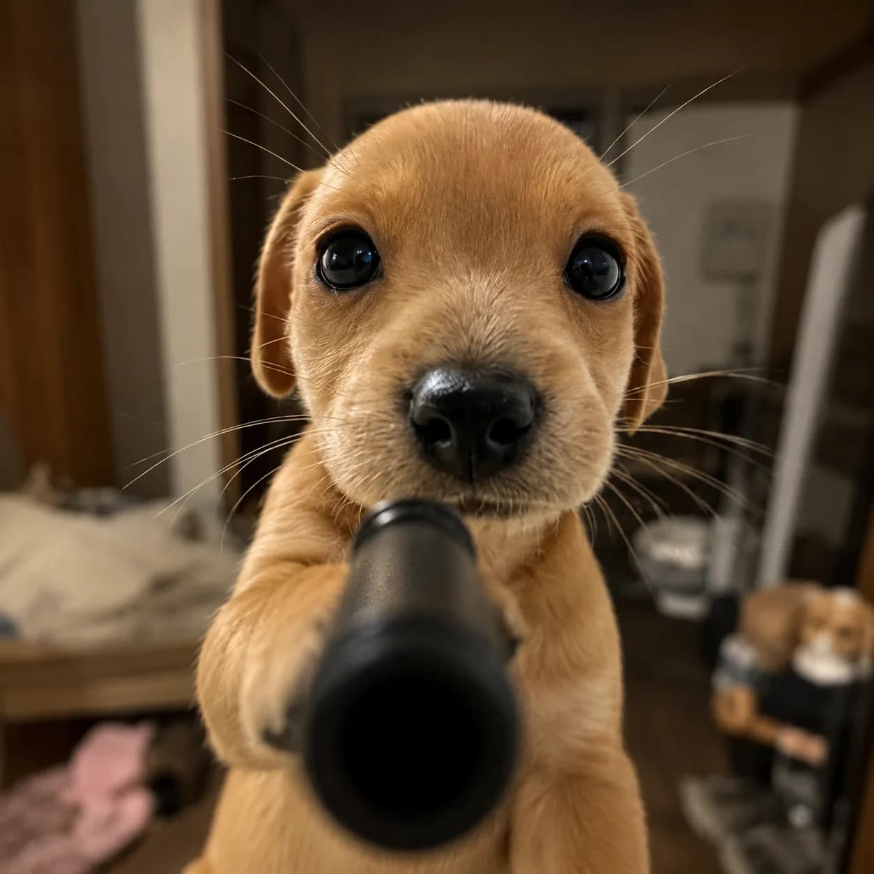 A wide-eyed puppy in a close cinematic portrait