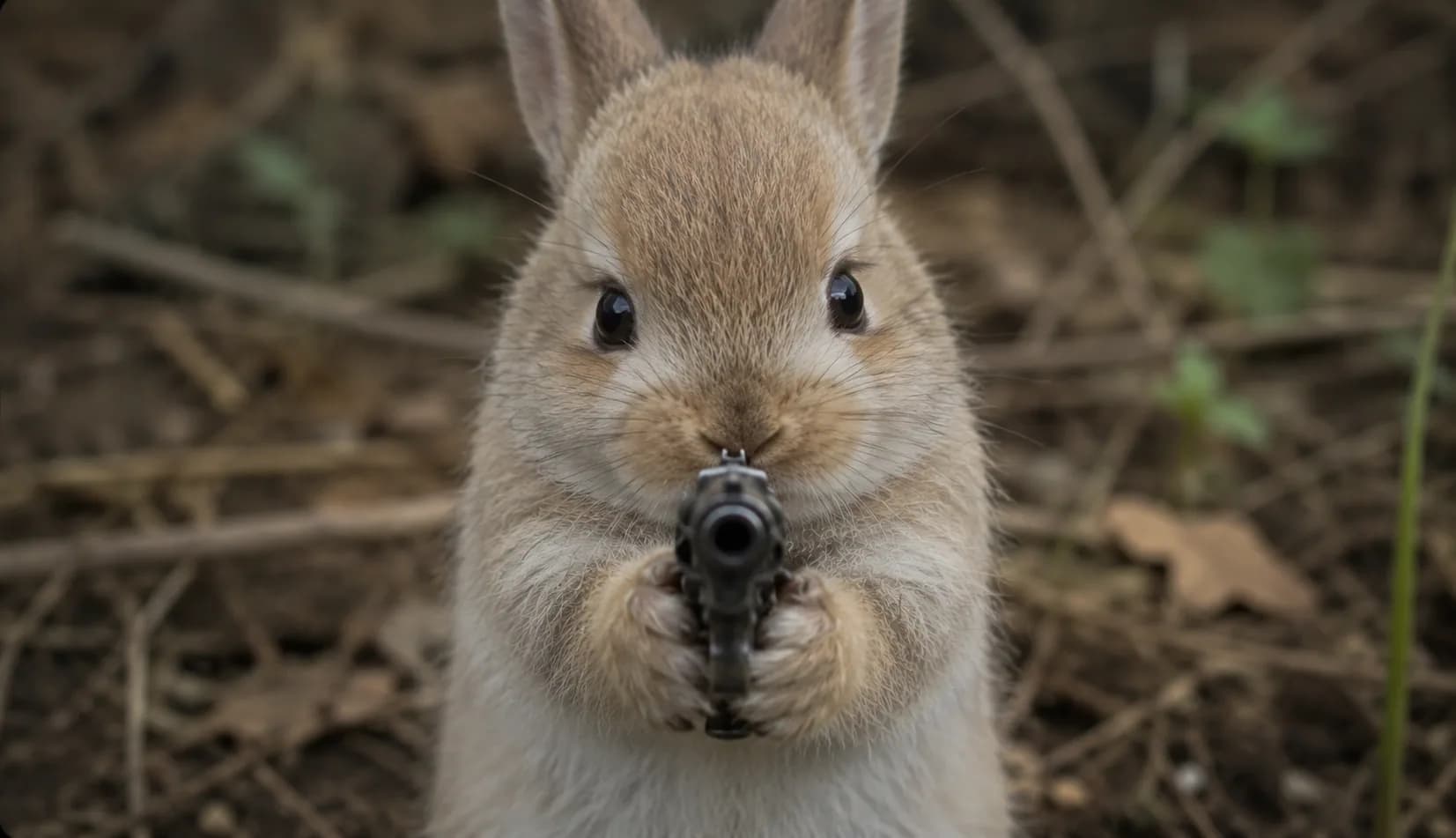 A baby bunny facing the camera with a tiny prop