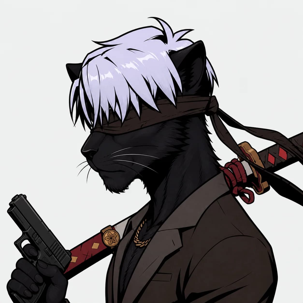 Blindfold Panther Swordsman Wif Gun gunified animal portrait
