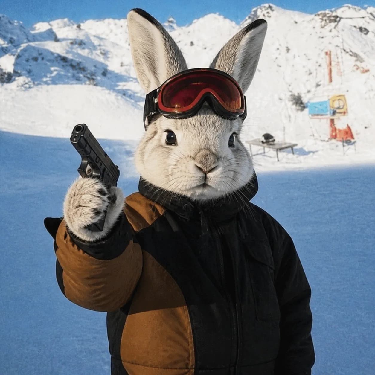 Blunatic Snowshoe Hare Wif Gun gunified animal portrait