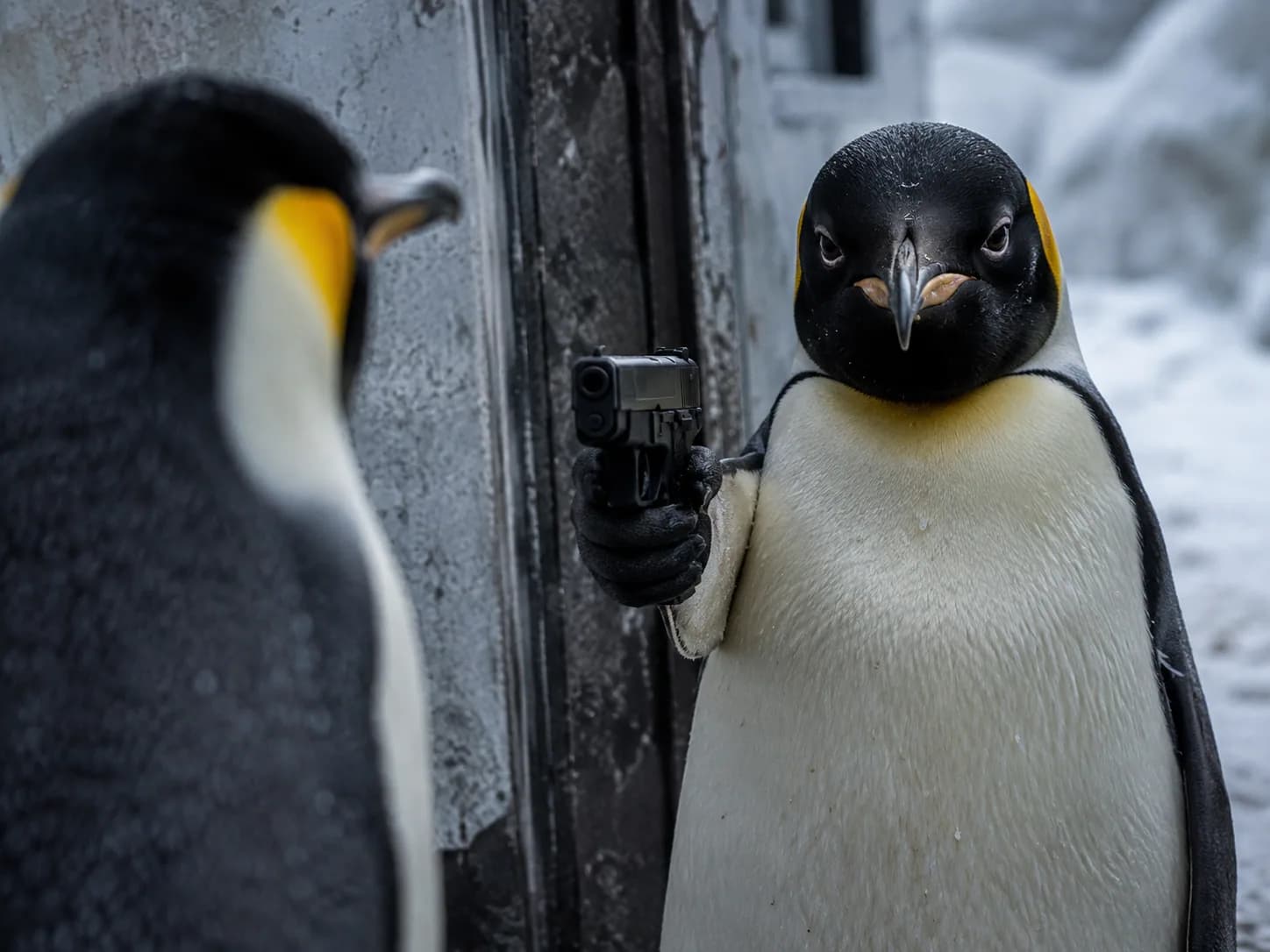 Two penguins in a snowy cinematic scene