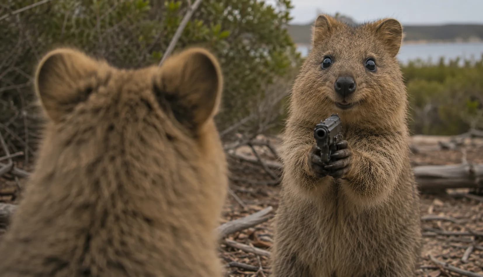 A quokka in a cinematic outdoor standoff