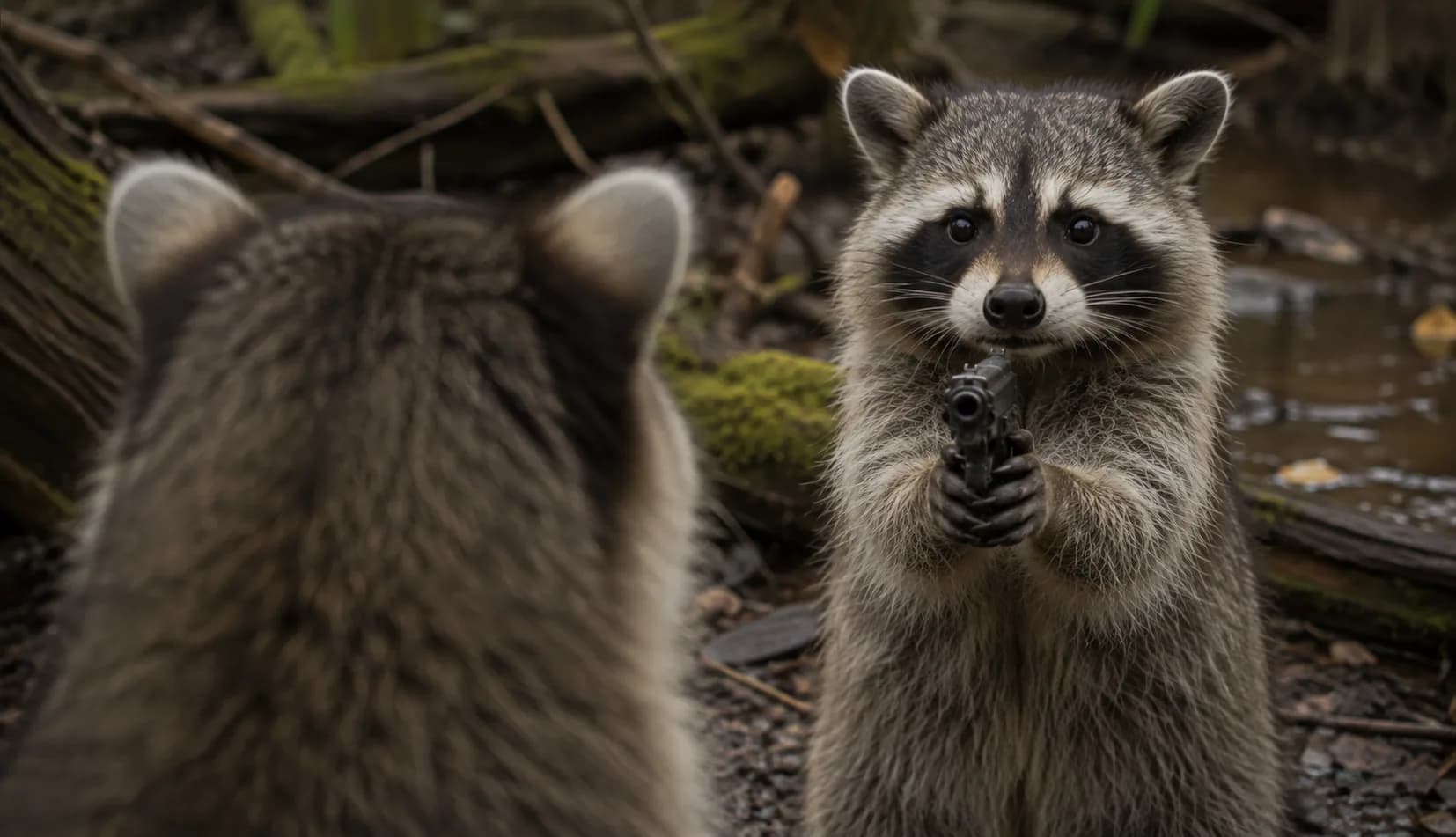 A tactical raccoon in a forest clearing