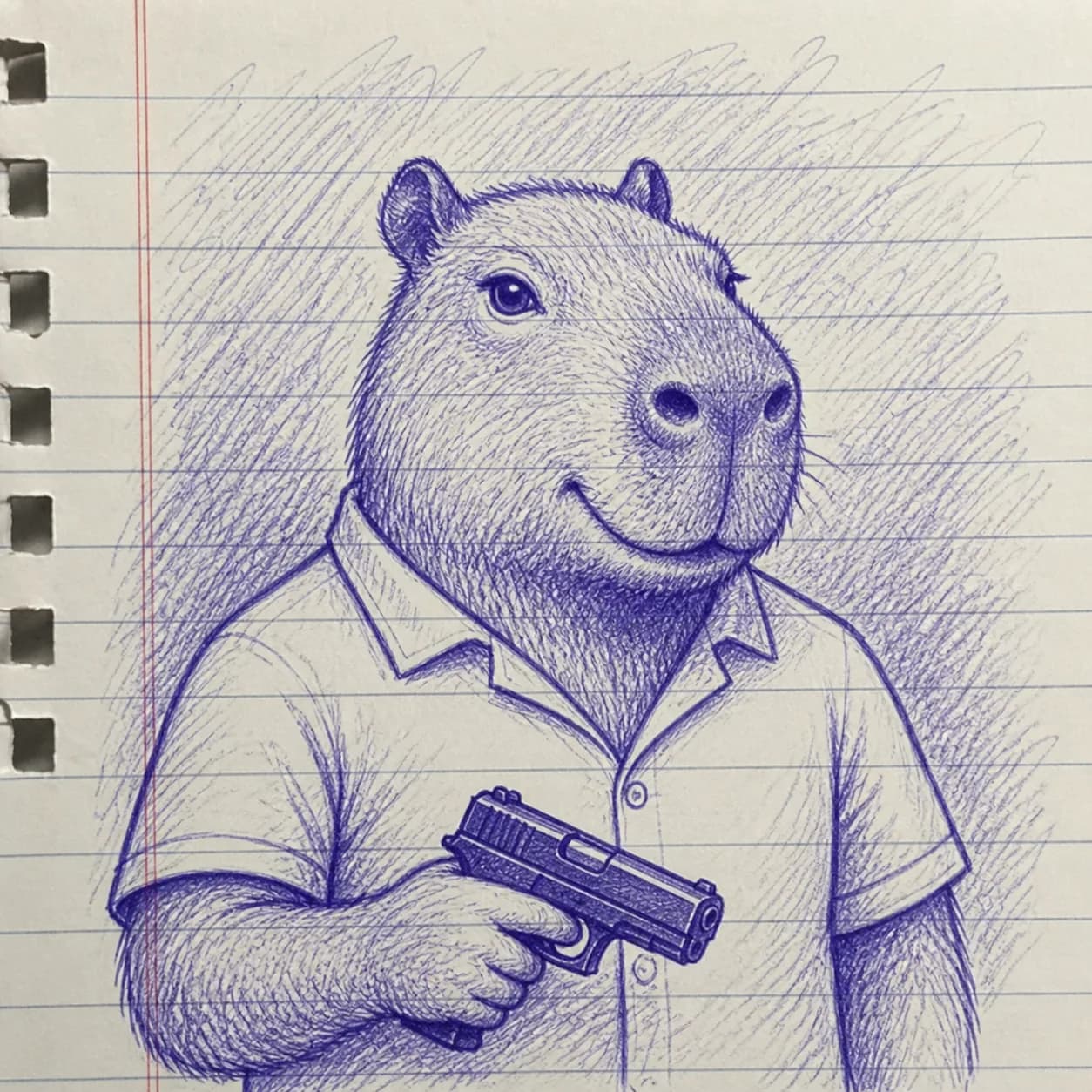 A blue ballpoint-style drawing of a capybara holding a pistol