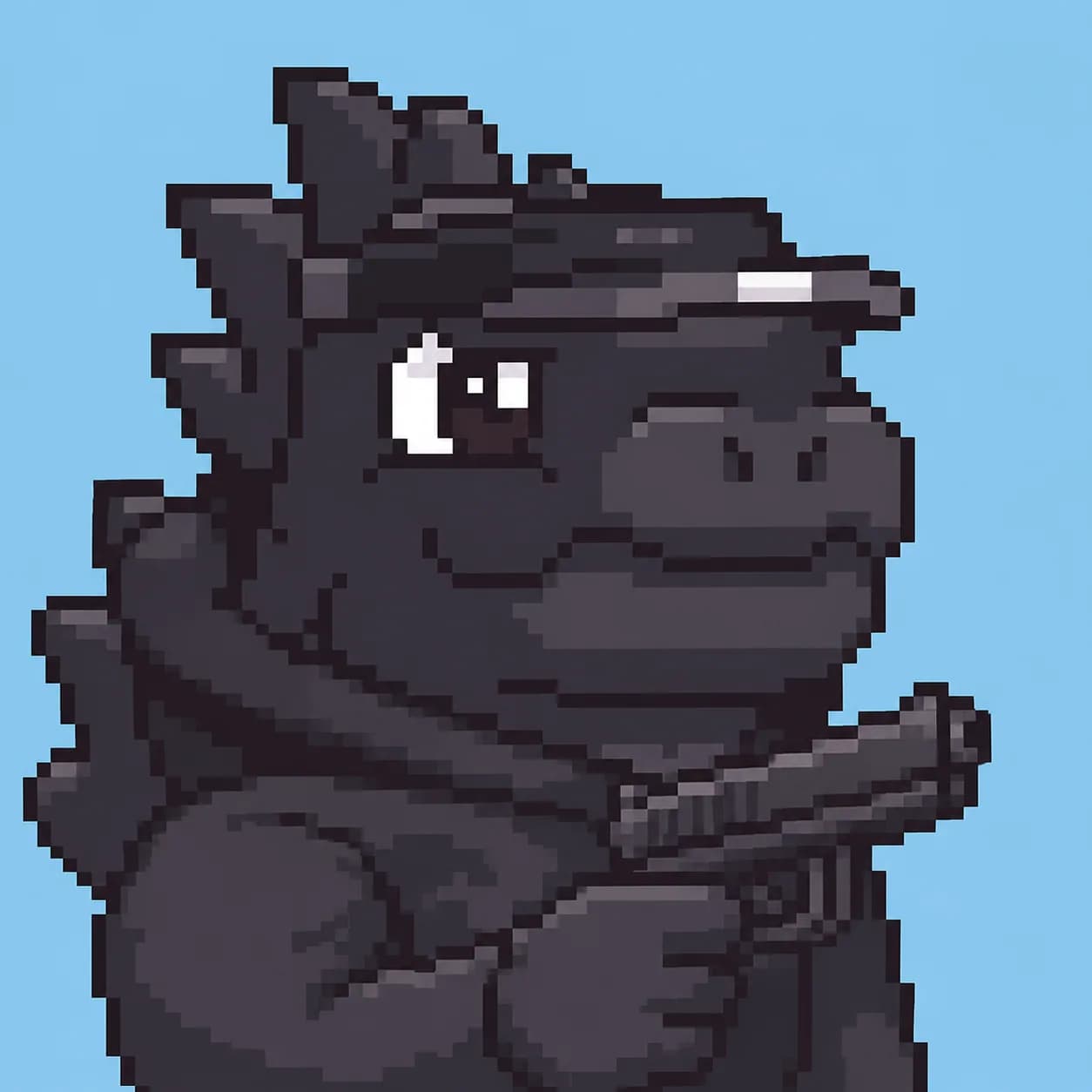 A pixel-art bull in a black cap holding a gun