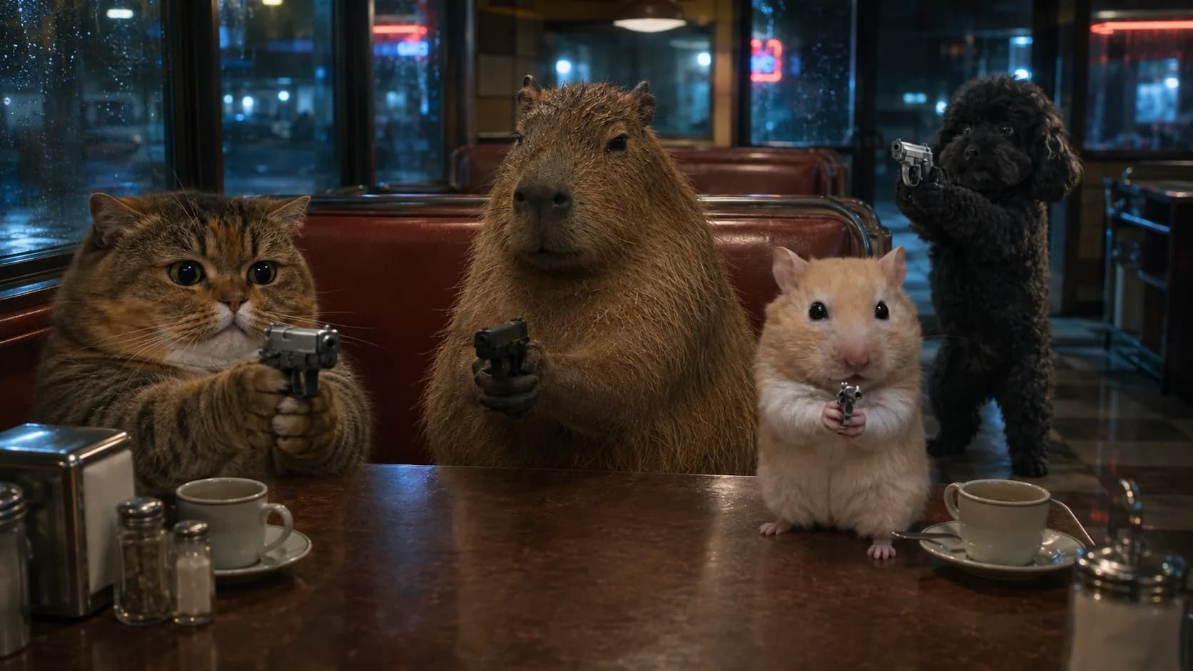 The Animals wif Guns crew in a late-night diner